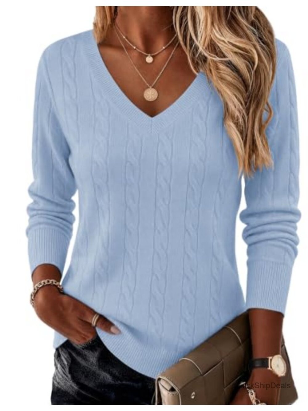 Women's V-Neck Cable Knit Sweater Long Sleeve Lightweight Pullover